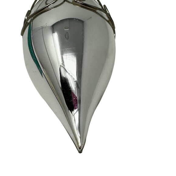 Vintage Silver Blown Glass Teardrop Christmas Ornament Wire Cage Mercury Finish - Picture 9 of 16